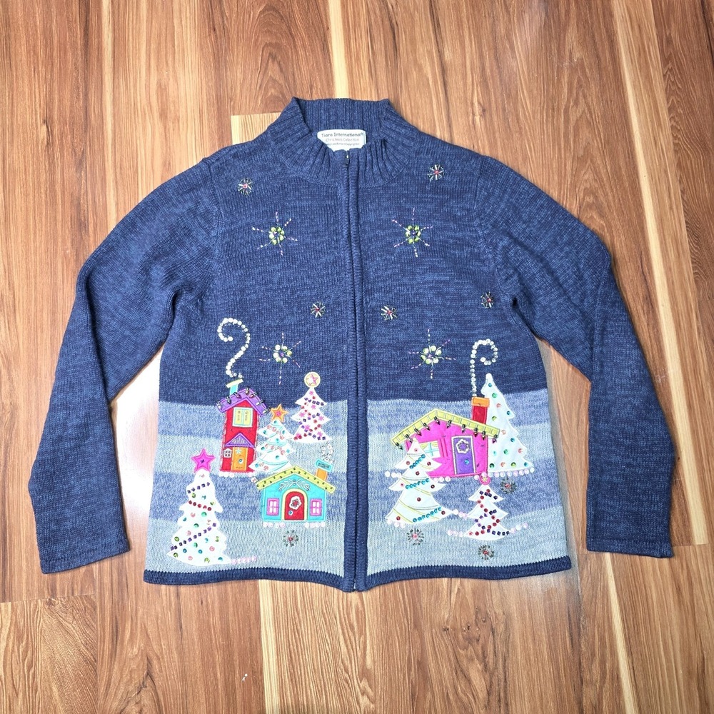 Vintage Tiara International Sweater‎ Womens Large Blue Christmas Village 2000s